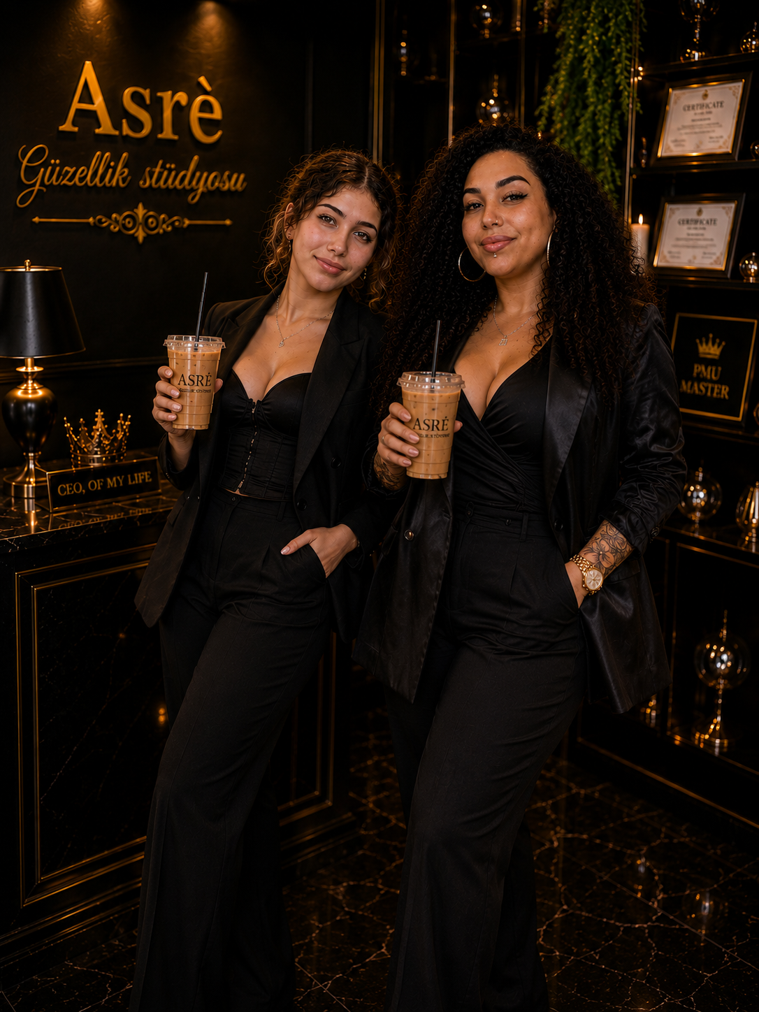 Asrè Beauty Studio team in black suits at the gold-lettered studio in Yeni İskele