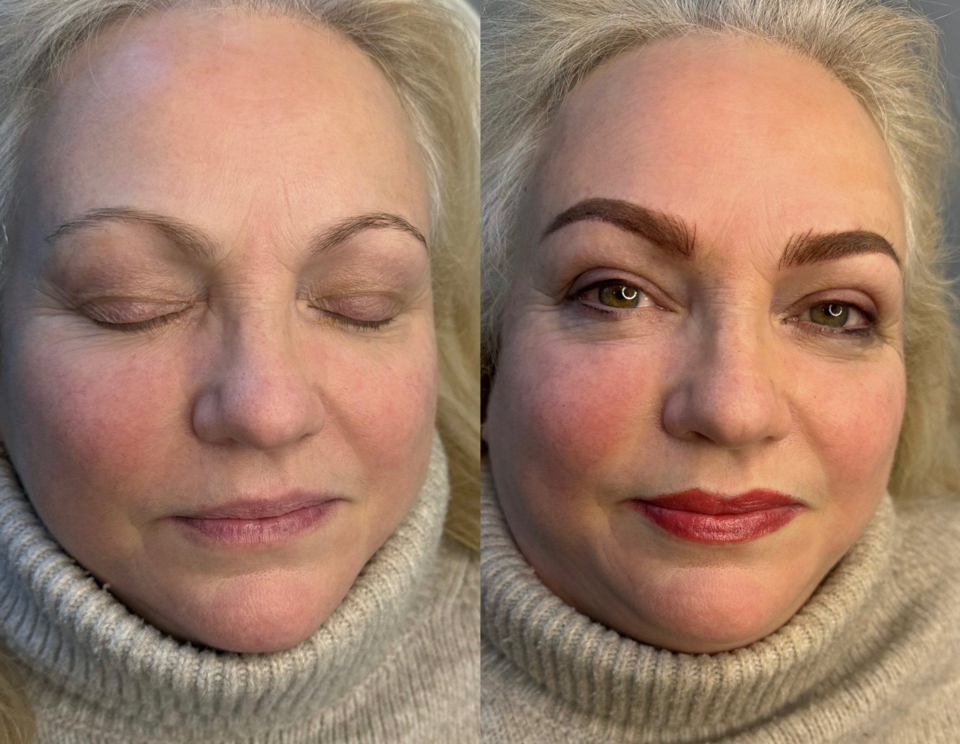 Before and after powder brows and lip blush at Asrè Beauty Studio