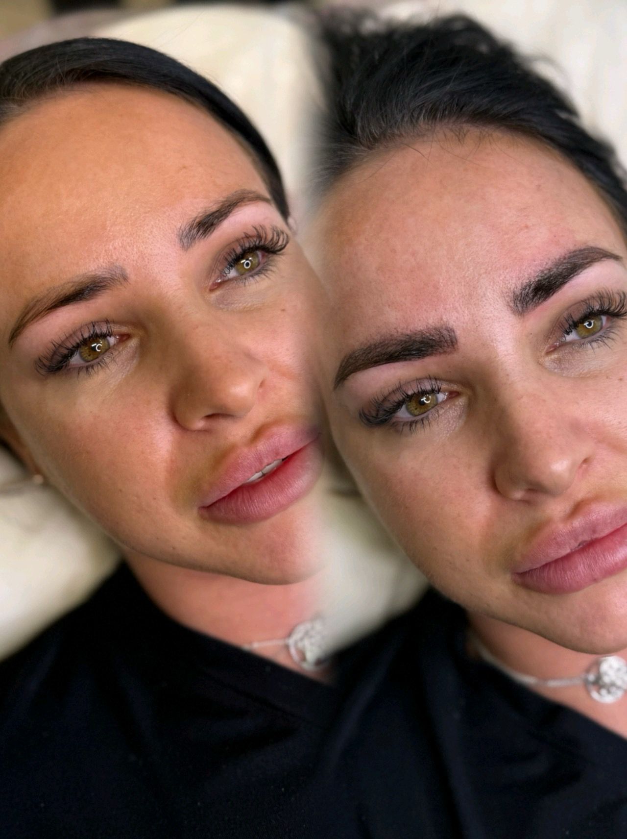 Combination brows with lash extensions and soft lip blush